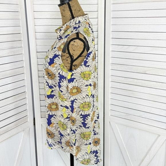 H&M Floral Chiffon Sleeveless Button Front Tunic Shirt Blue Cream Size 6 - Picture 2 of 10